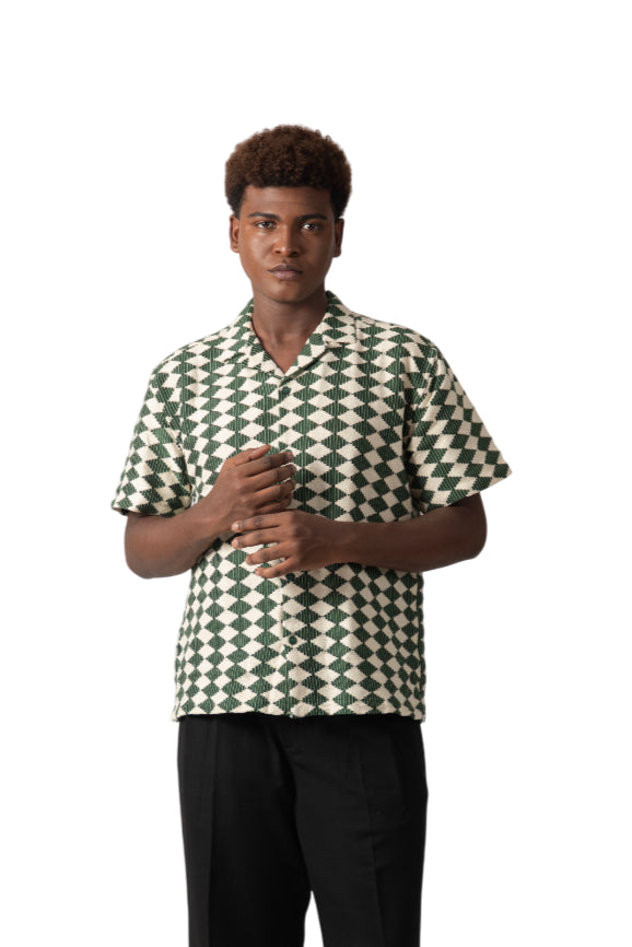 "Mountain Range Crochet Green Cuban Collar Half Sleeve Shirt"